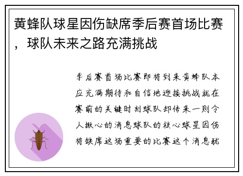 黄蜂队球星因伤缺席季后赛首场比赛，球队未来之路充满挑战