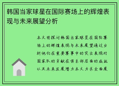 韩国当家球星在国际赛场上的辉煌表现与未来展望分析