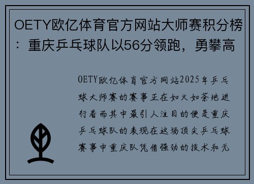 OETY欧亿体育官方网站大师赛积分榜：重庆乒乓球队以56分领跑，勇攀高峰